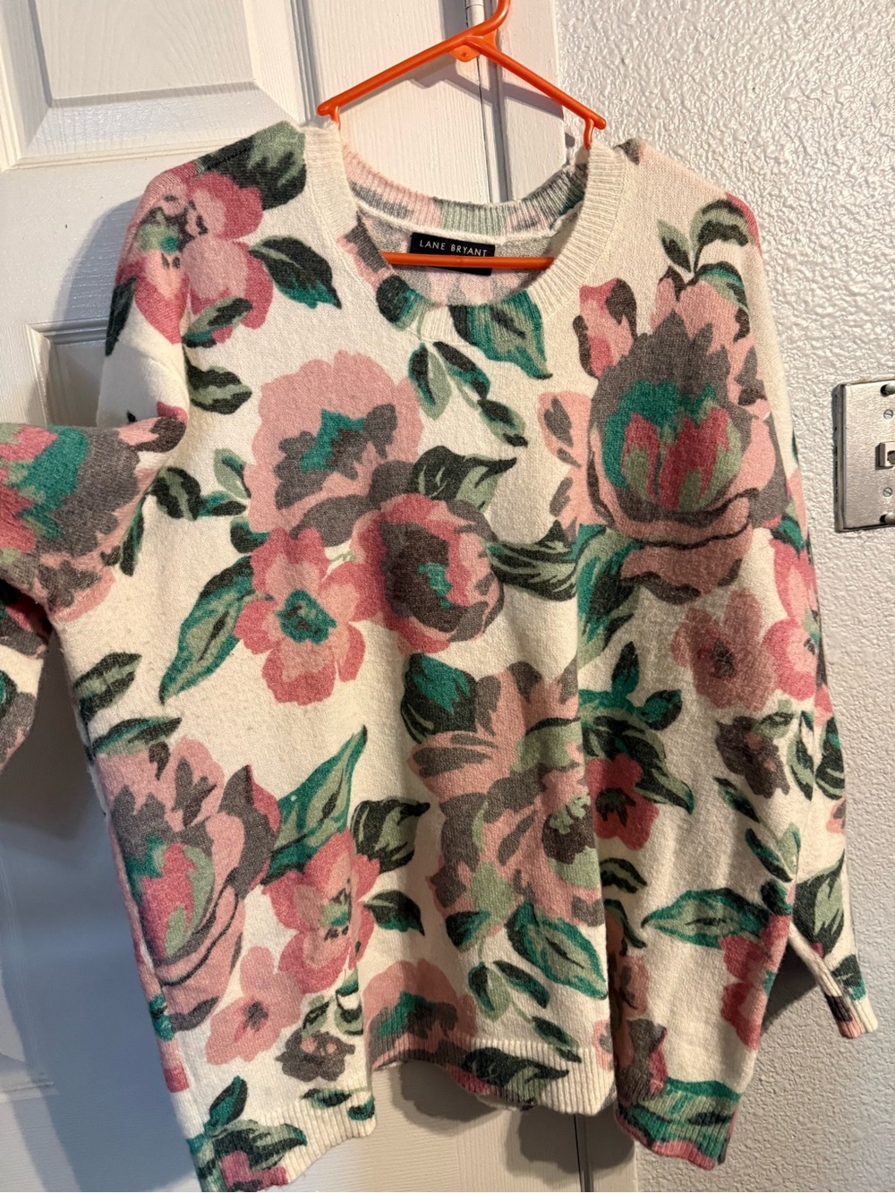 Lane Bryant Cream Crewneck Sweater with Pink & Green Floral Print Super Cute!!!